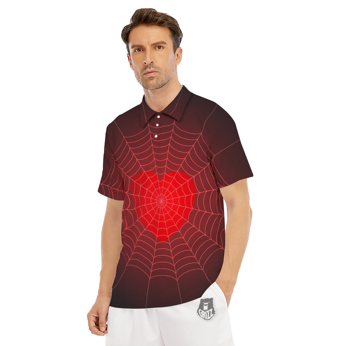 Red Heart Spider Web Print Men's Golf Shirts-grizzshop