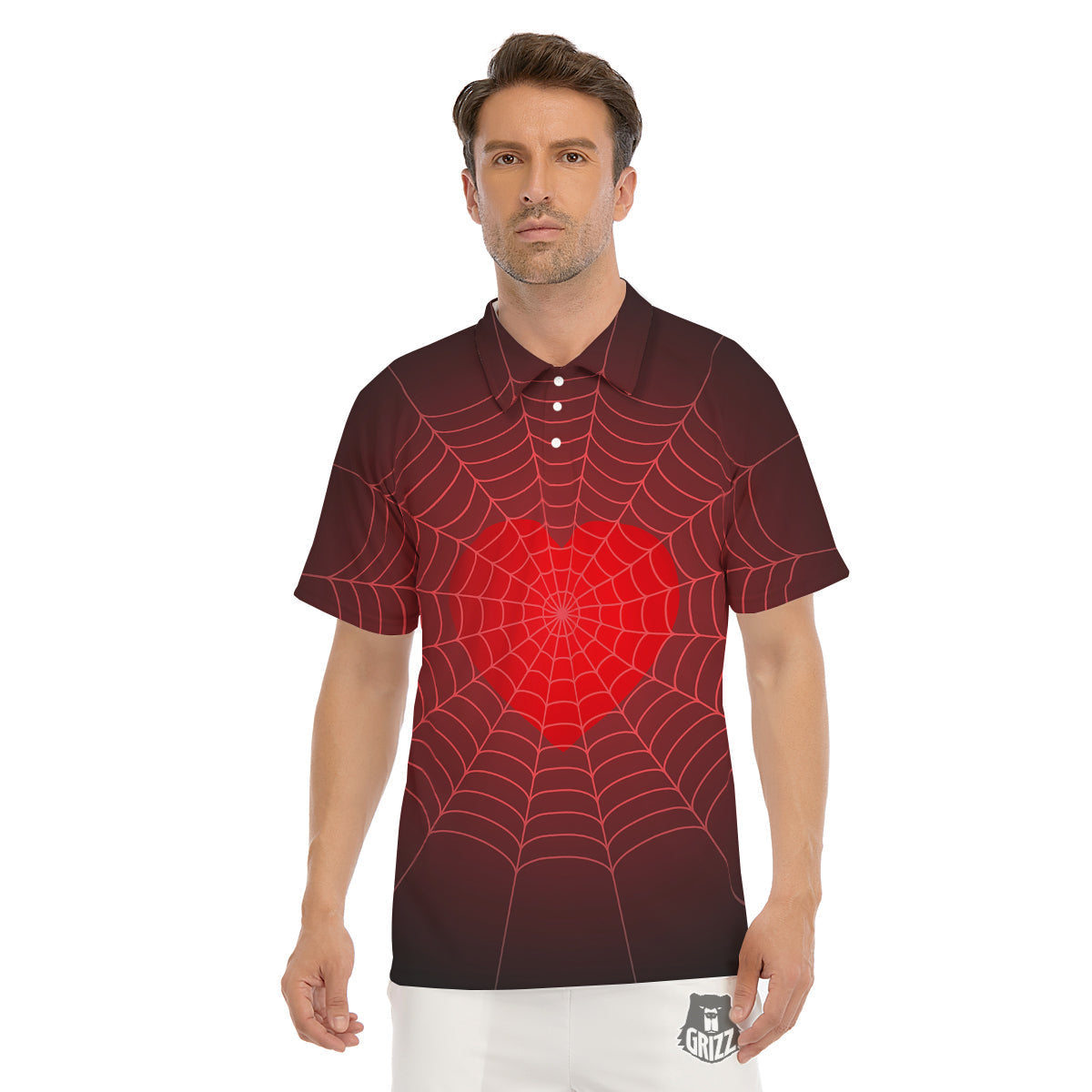 Red Heart Spider Web Print Men's Golf Shirts-grizzshop