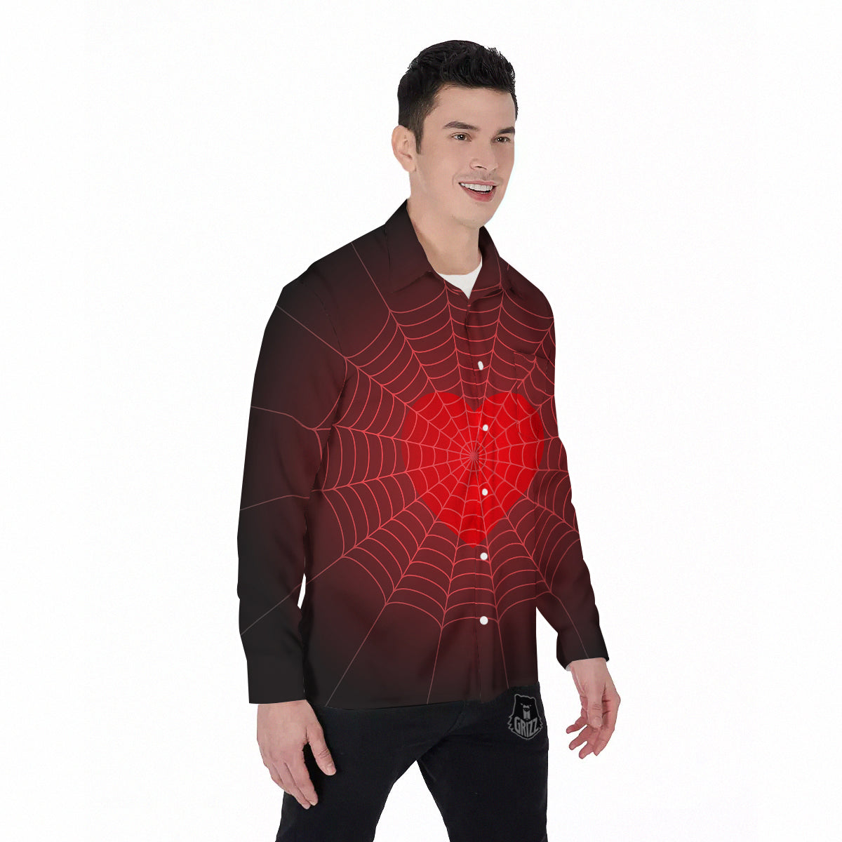 Red Heart Spider Web Print Men's Long Sleeve Shirts-grizzshop