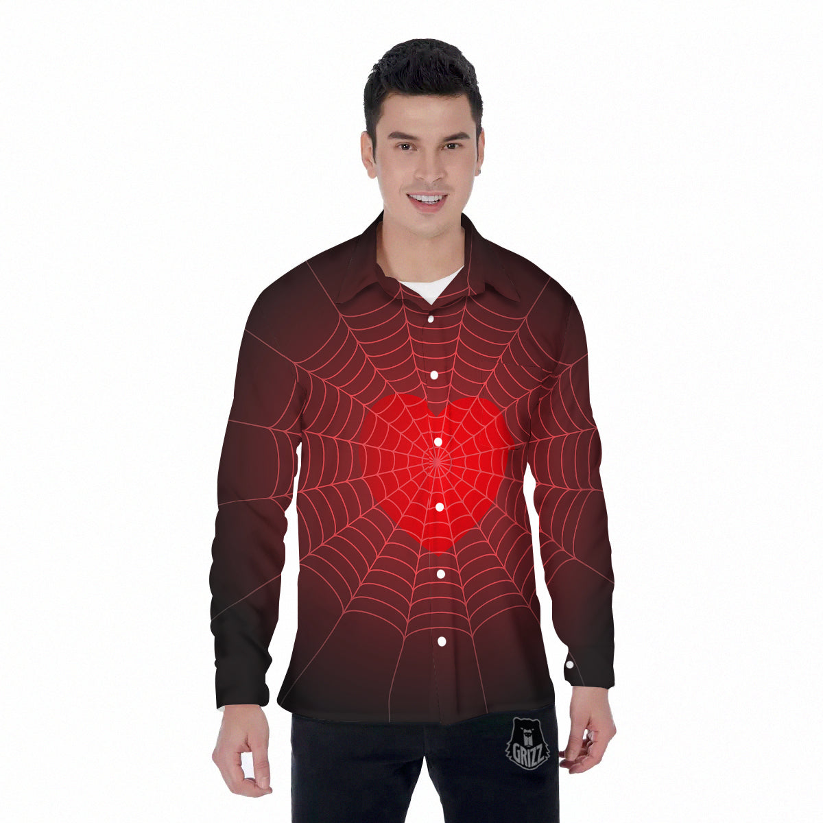 Red Heart Spider Web Print Men's Long Sleeve Shirts-grizzshop