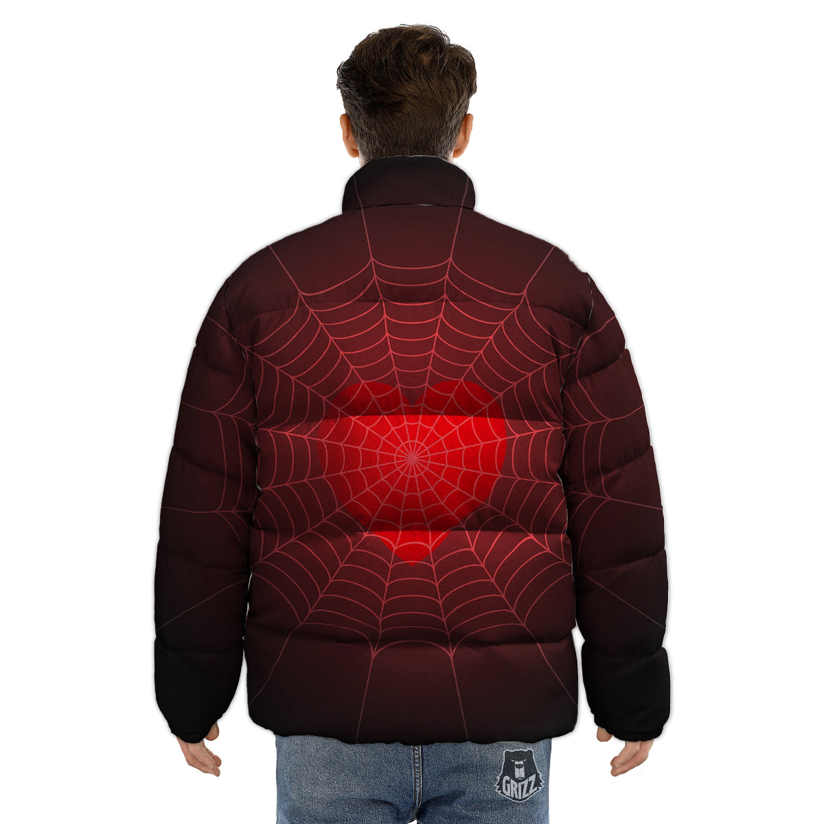 Red Heart Spider Web Print Puffer Jacket-grizzshop