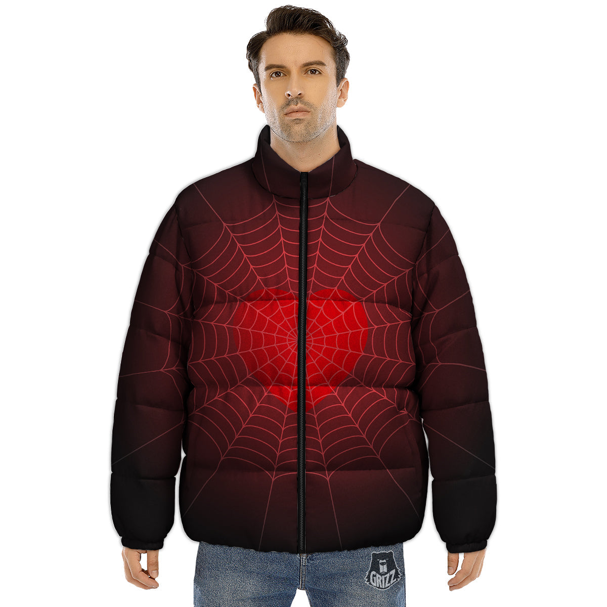 Red Heart Spider Web Print Puffer Jacket-grizzshop