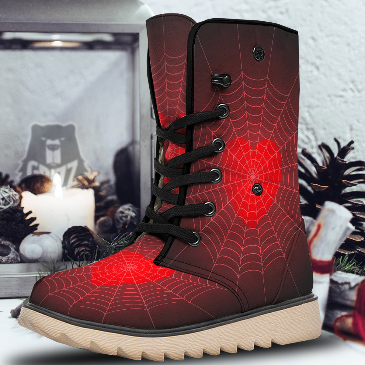 Red Heart Spider Web Print Snow Boots-grizzshop