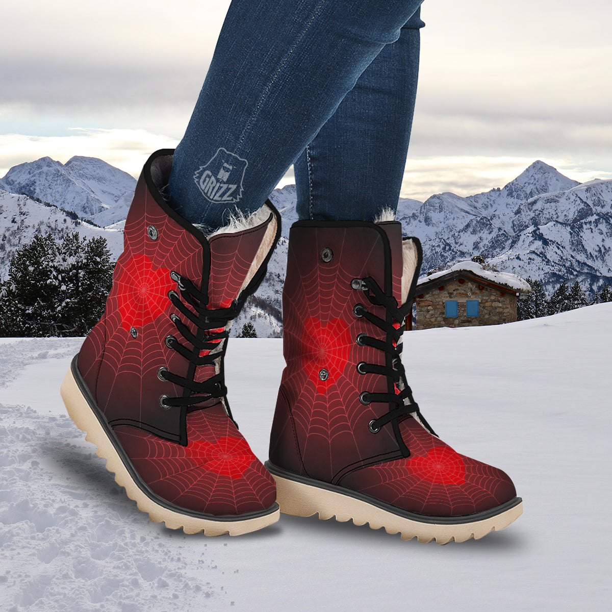 Red Heart Spider Web Print Snow Boots-grizzshop