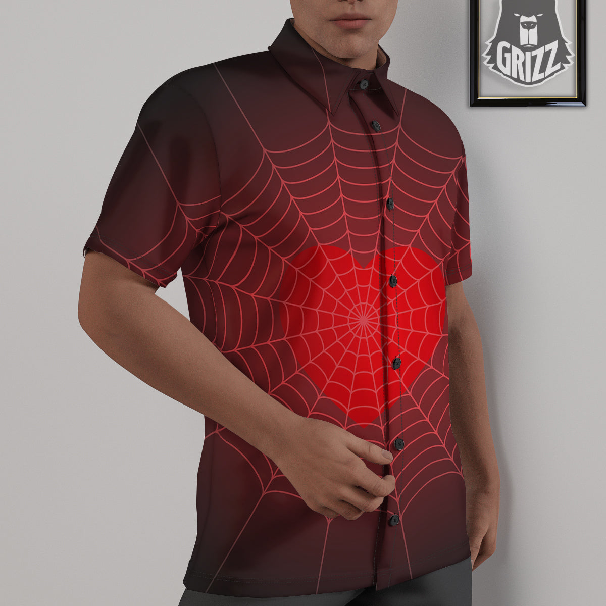 Red Heart Spider Web Print Untucked Shirts-grizzshop