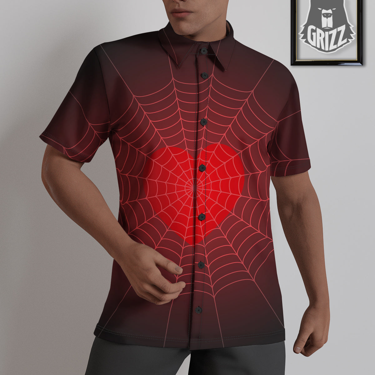 Red Heart Spider Web Print Untucked Shirts-grizzshop
