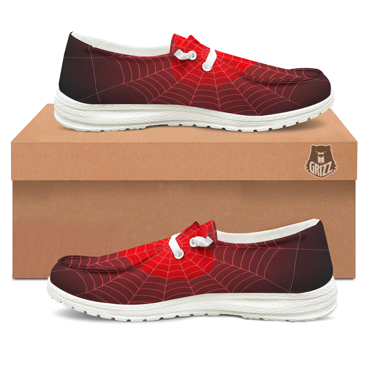 Red Heart Spider Web Print White Loafers-grizzshop