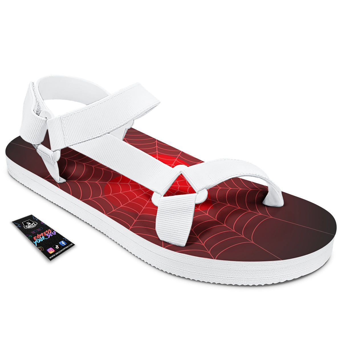 Red Heart Spider Web Print White Open Toe Sandals-grizzshop