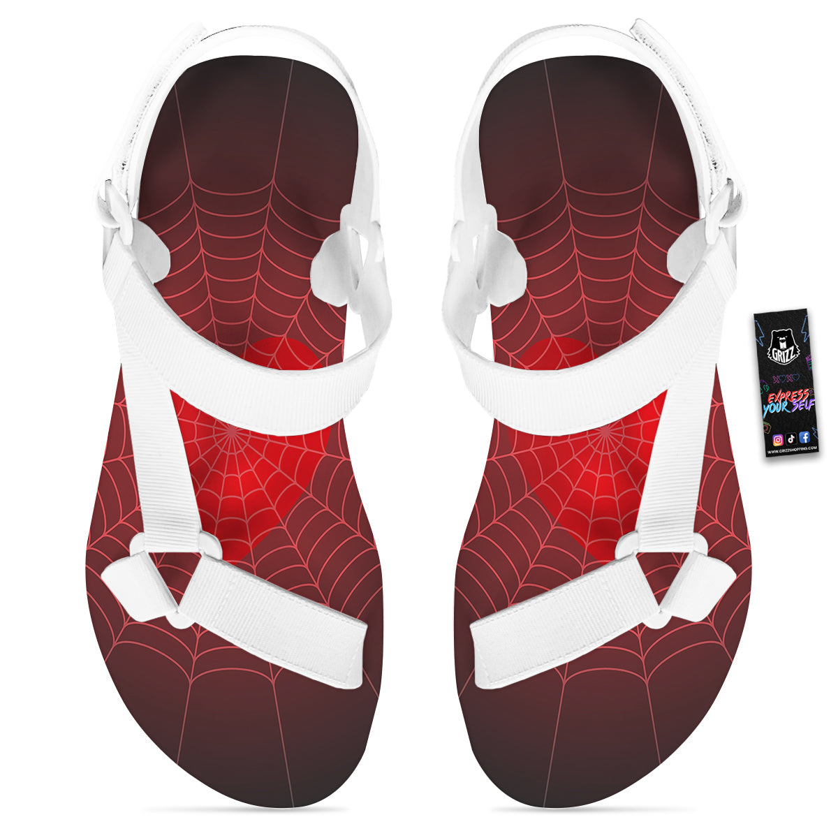 Red Heart Spider Web Print White Open Toe Sandals-grizzshop