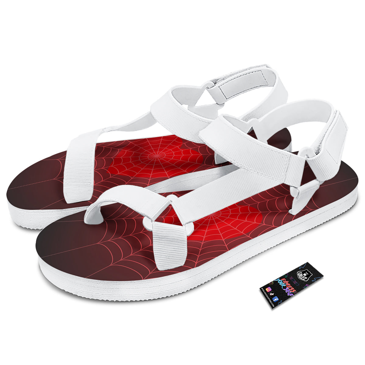 Red Heart Spider Web Print White Open Toe Sandals-grizzshop