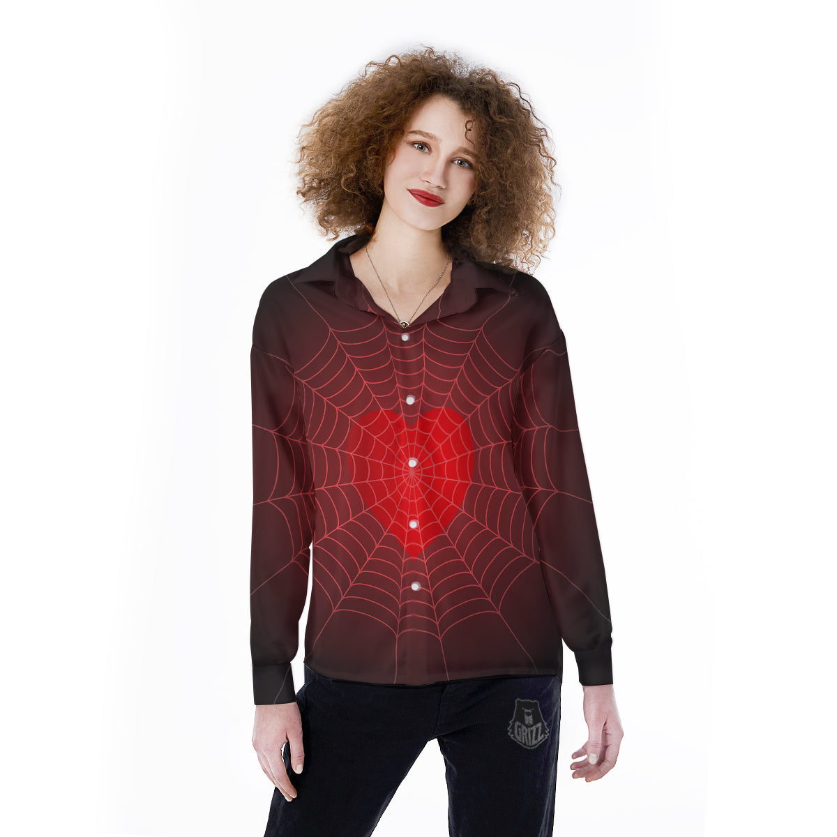 Red Heart Spider Web Print Women's Long Sleeve Shirts-grizzshop