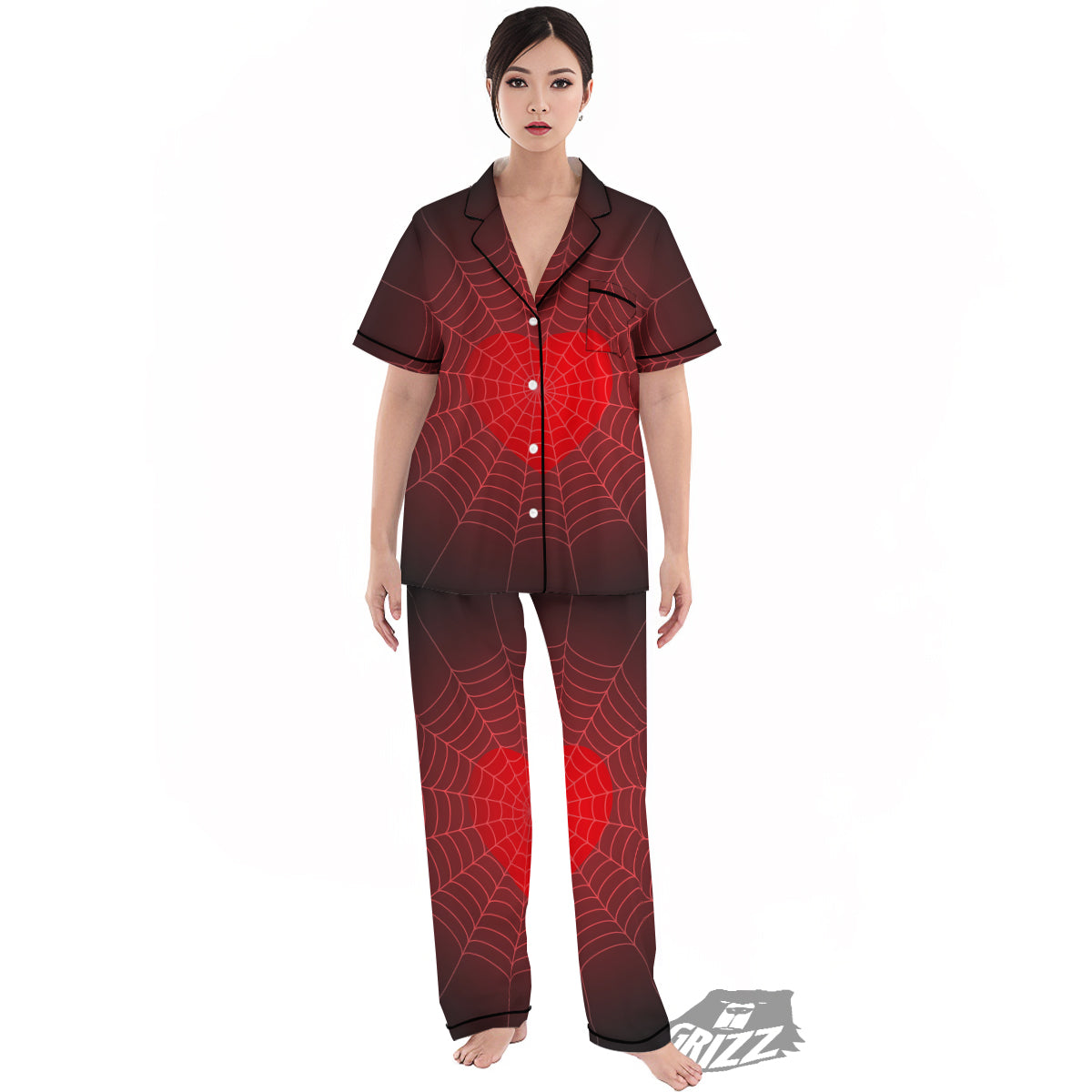 Red Heart Spider Web Print Women's Pajamas Set-grizzshop