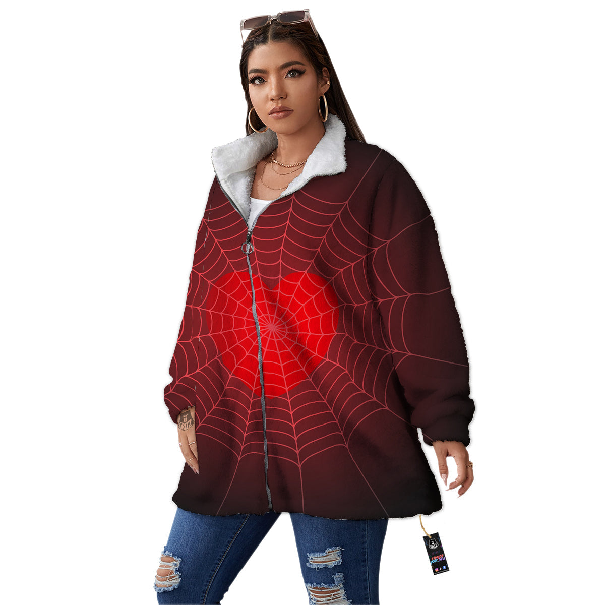 Red Heart Spider Web Print Women's Sherpa Jacket-grizzshop