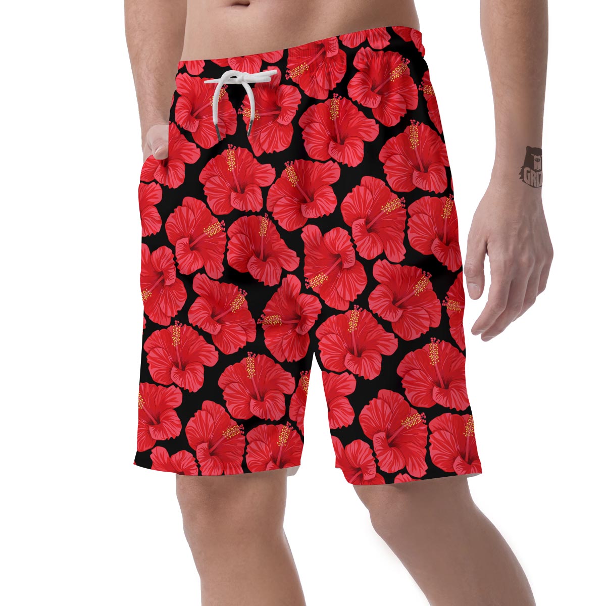 Red Hibiscus Flower Hawaiian Print Men's Shorts-grizzshop