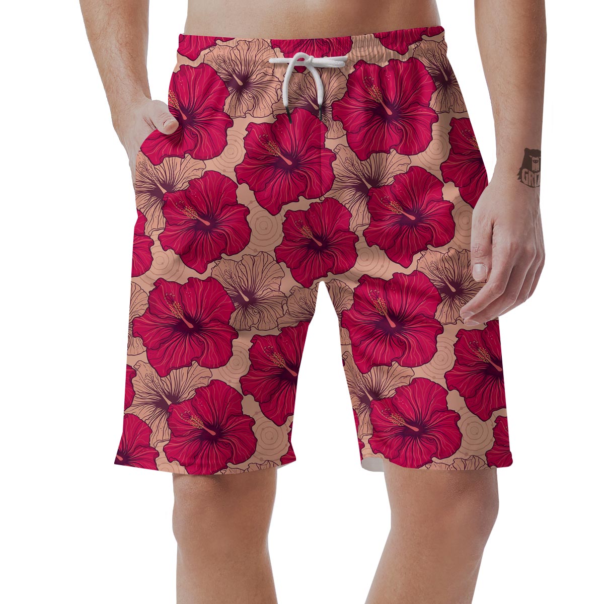 Red Hibiscus Flower Print Men's Shorts-grizzshop