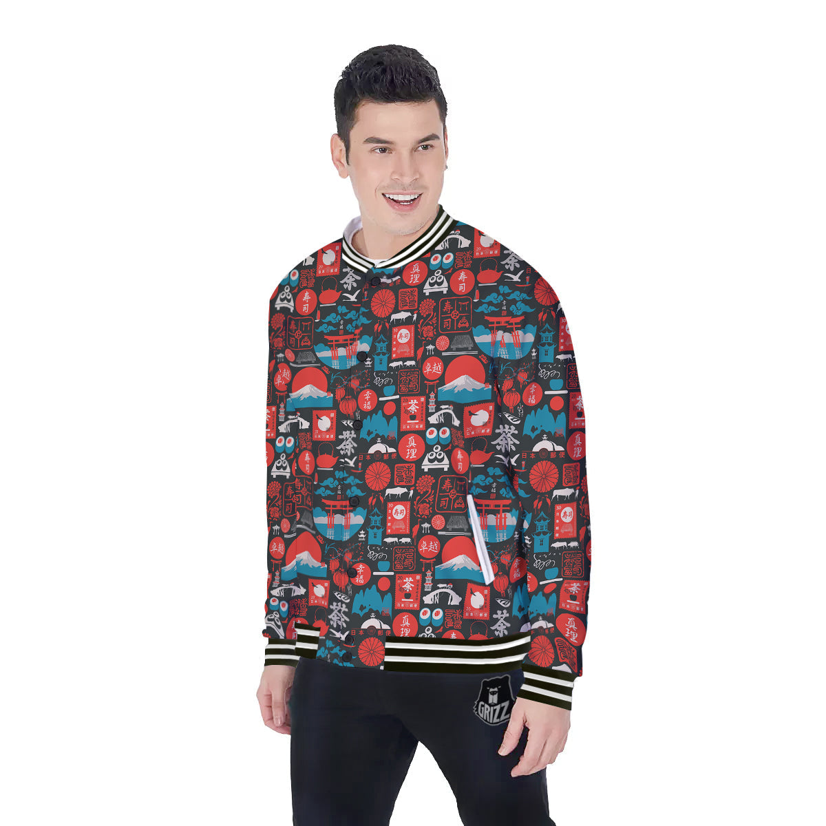 Red Japanese Characters Print Pattern Baseball Jacket-grizzshop