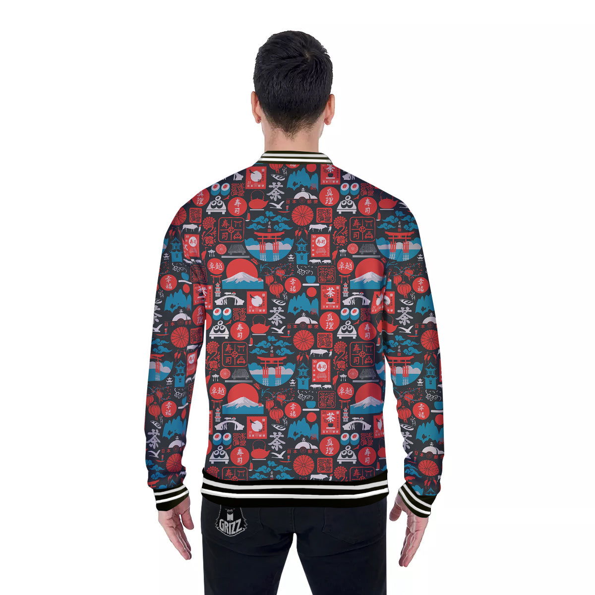 Red Japanese Characters Print Pattern Baseball Jacket-grizzshop