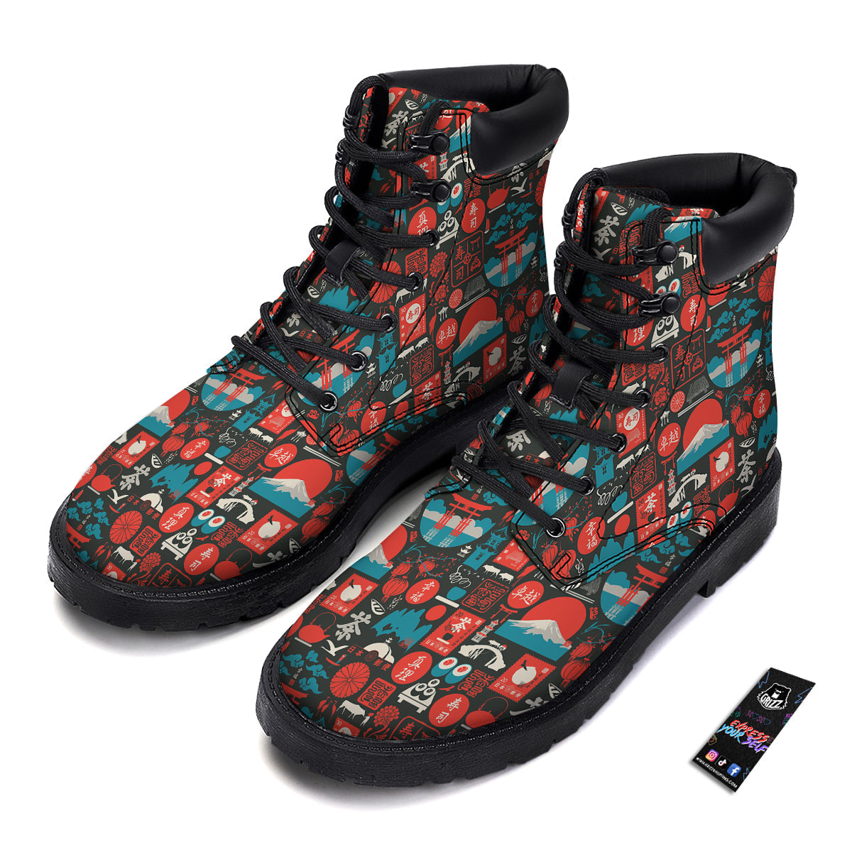 Red Japanese Characters Print Pattern Boots-grizzshop
