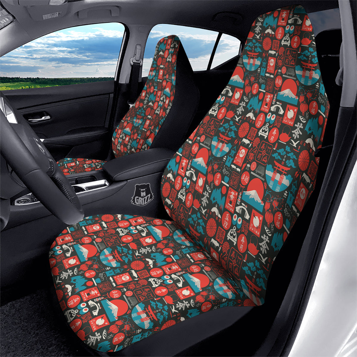 Red Japanese Characters Print Pattern Car Seat Covers-grizzshop