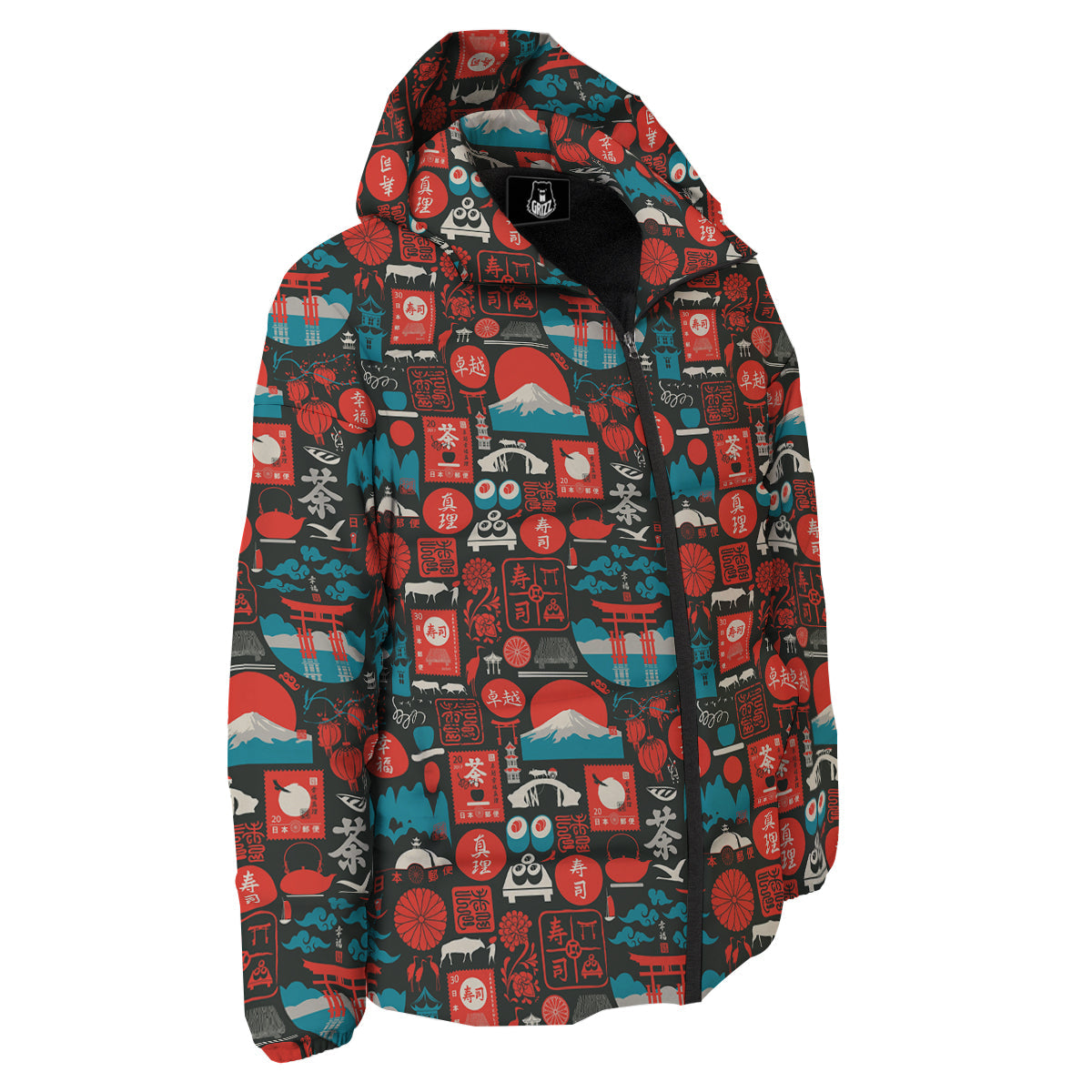 Red Japanese Characters Print Pattern Down Jacket-grizzshop