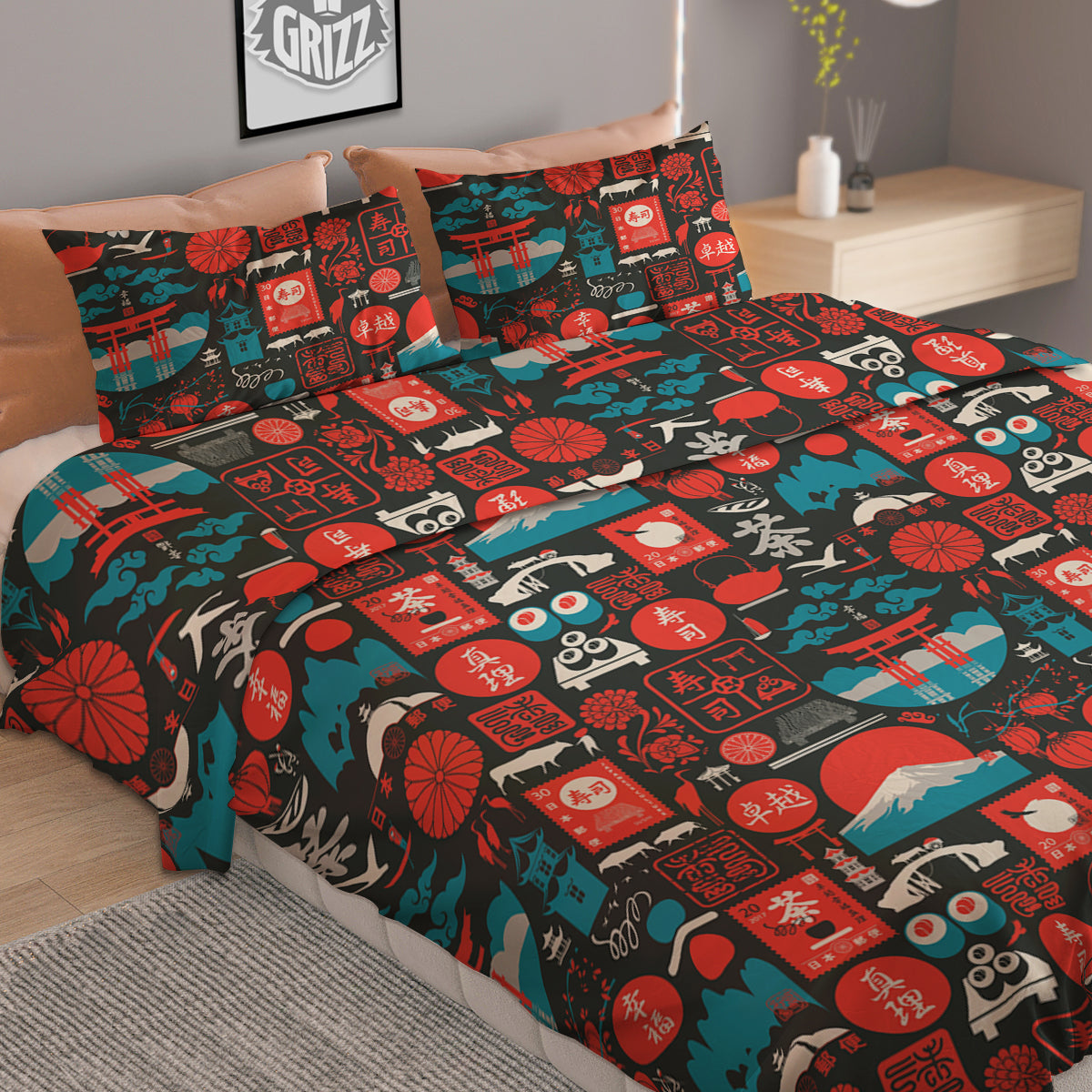 Red Japanese Characters Print Pattern Duvet Cover Bedding Set