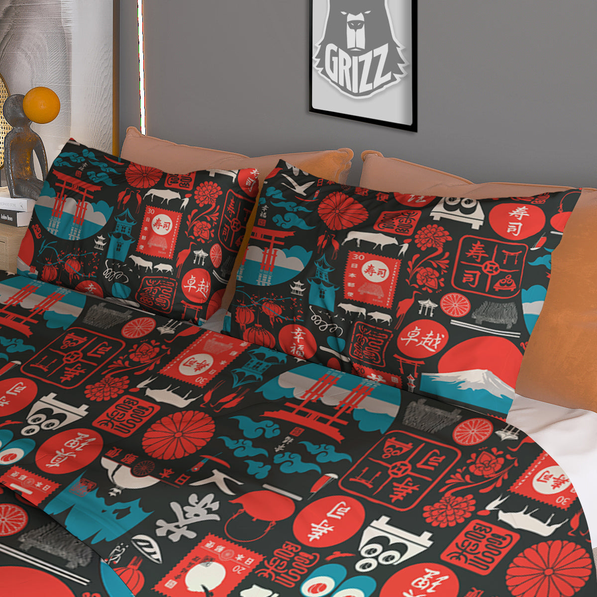 Red Japanese Characters Print Pattern Duvet Cover Bedding Set
