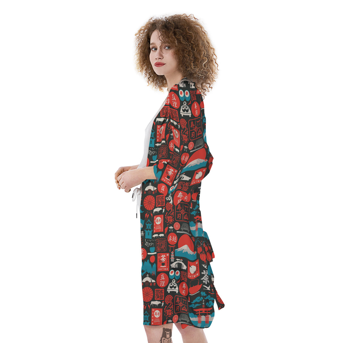Red Japanese Characters Print Pattern Kimono-grizzshop