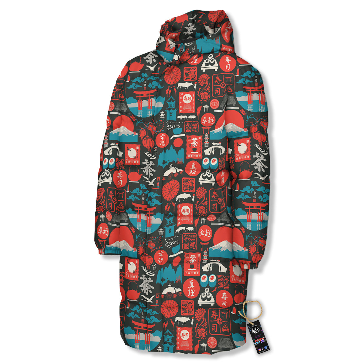 Red Japanese Characters Print Pattern Long Down Jacket-grizzshop