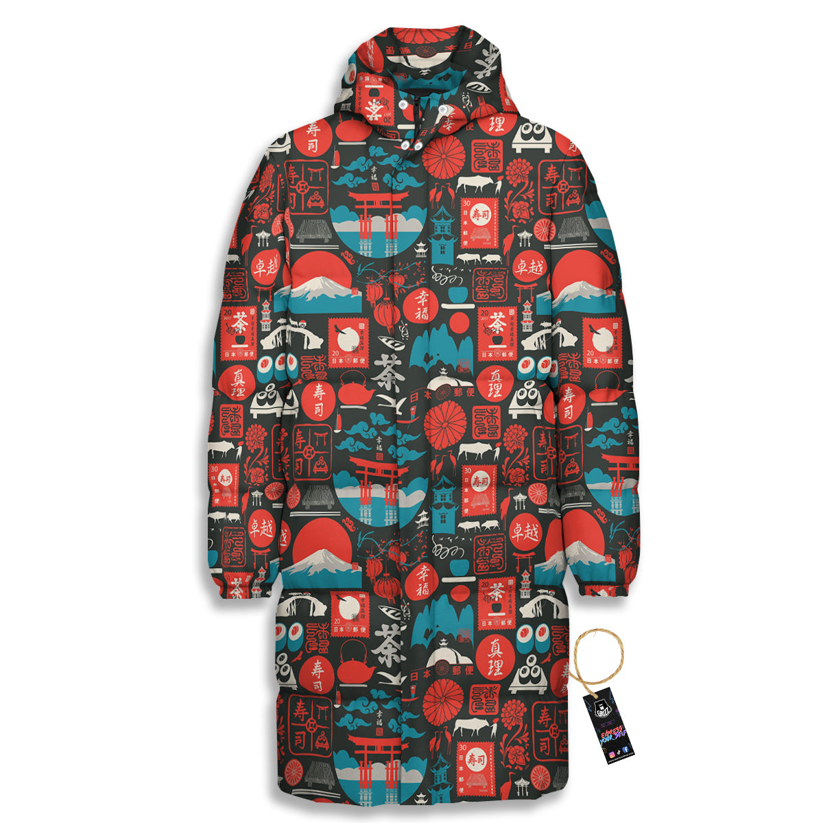 Red Japanese Characters Print Pattern Long Down Jacket-grizzshop
