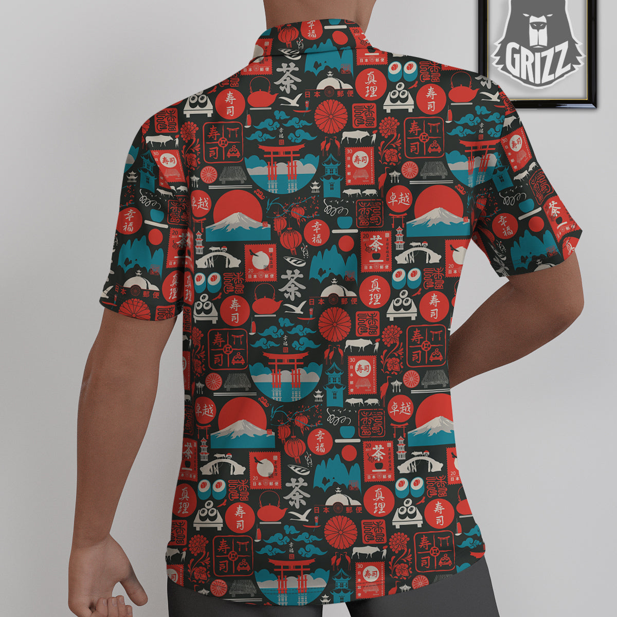 Red Japanese Characters Print Pattern Untucked Shirts-grizzshop