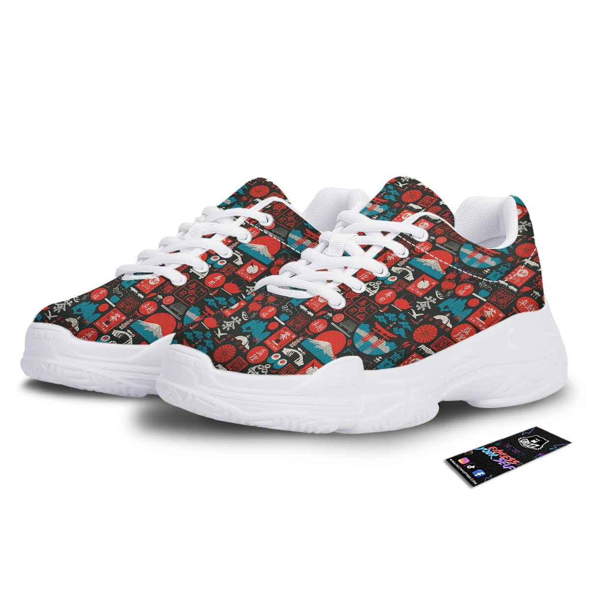 Red Japanese Characters Print Pattern White Chunky Shoes-grizzshop