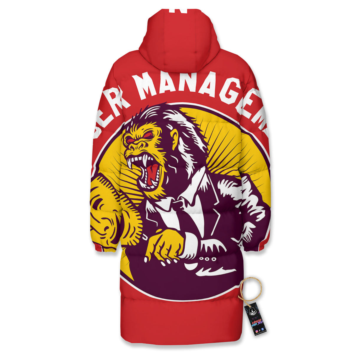 Red King Kong Gorilla Print Long Down Jacket-grizzshop