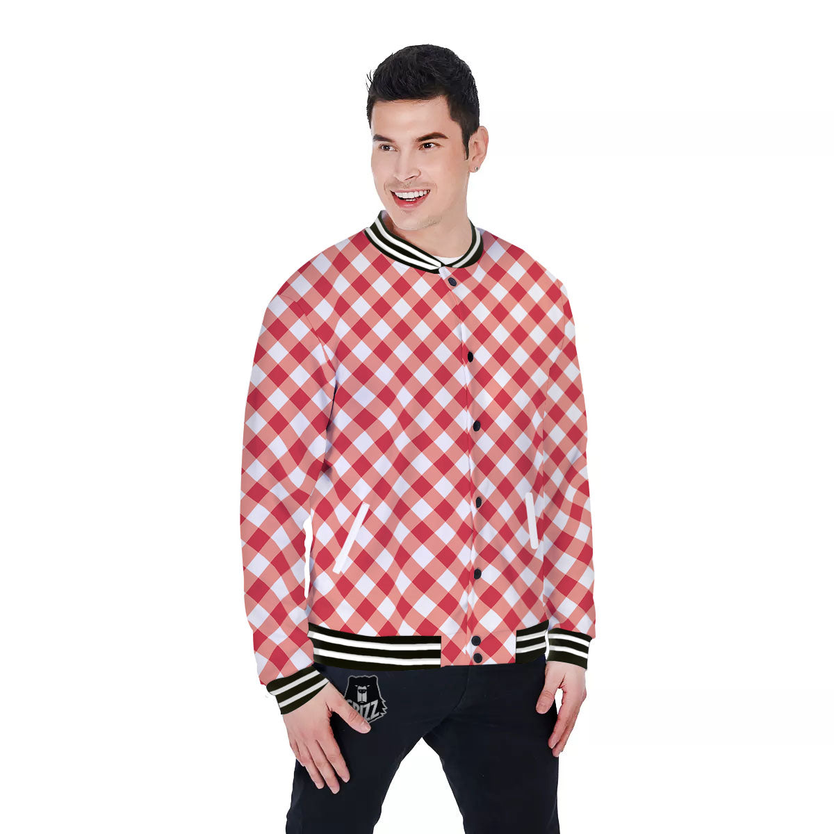 Red Lava And White Gingham Print Baseball Jacket-grizzshop