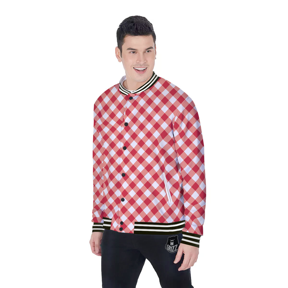 Red Lava And White Gingham Print Baseball Jacket-grizzshop