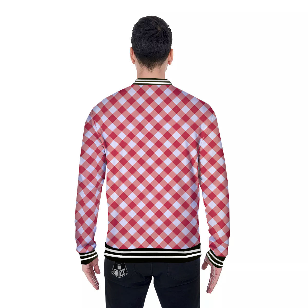 Red Lava And White Gingham Print Baseball Jacket-grizzshop