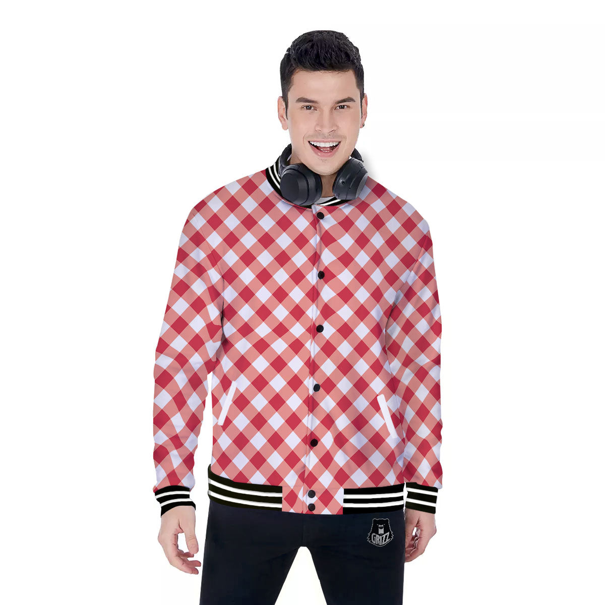 Red Lava And White Gingham Print Baseball Jacket-grizzshop