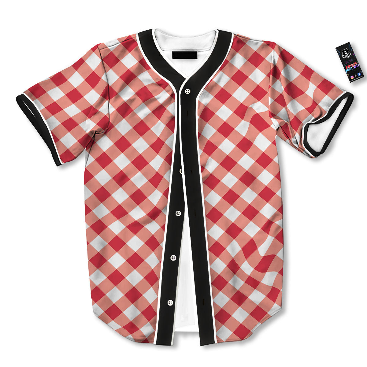 Red Lava And White Gingham Print Baseball Jersey-grizzshop