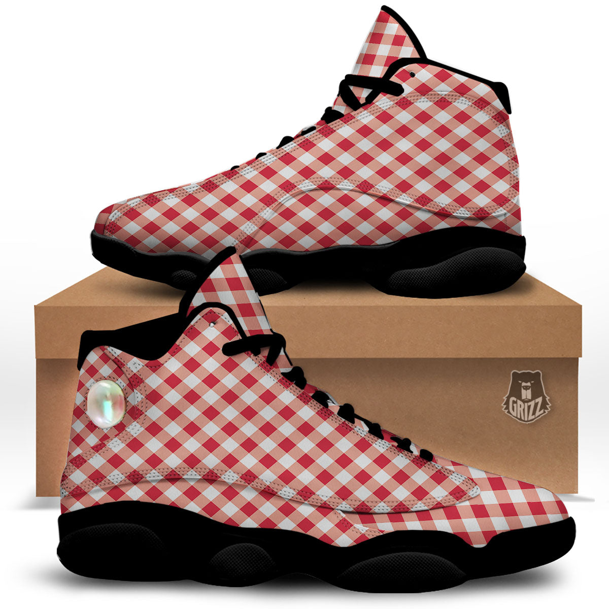 Red Lava And White Gingham Print Black Basketball Shoes-grizzshop