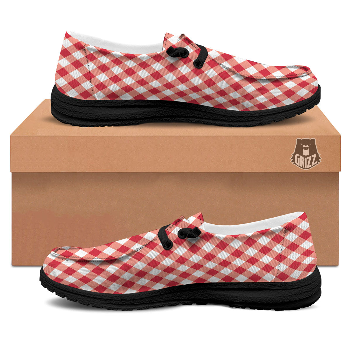 Red Lava And White Gingham Print Black Loafers-grizzshop