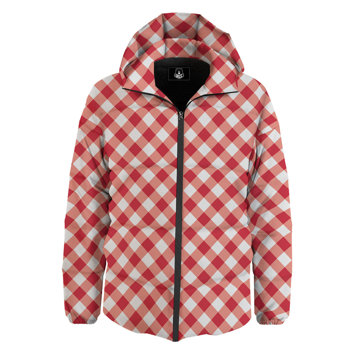 Red Lava And White Gingham Print Down Jacket-grizzshop