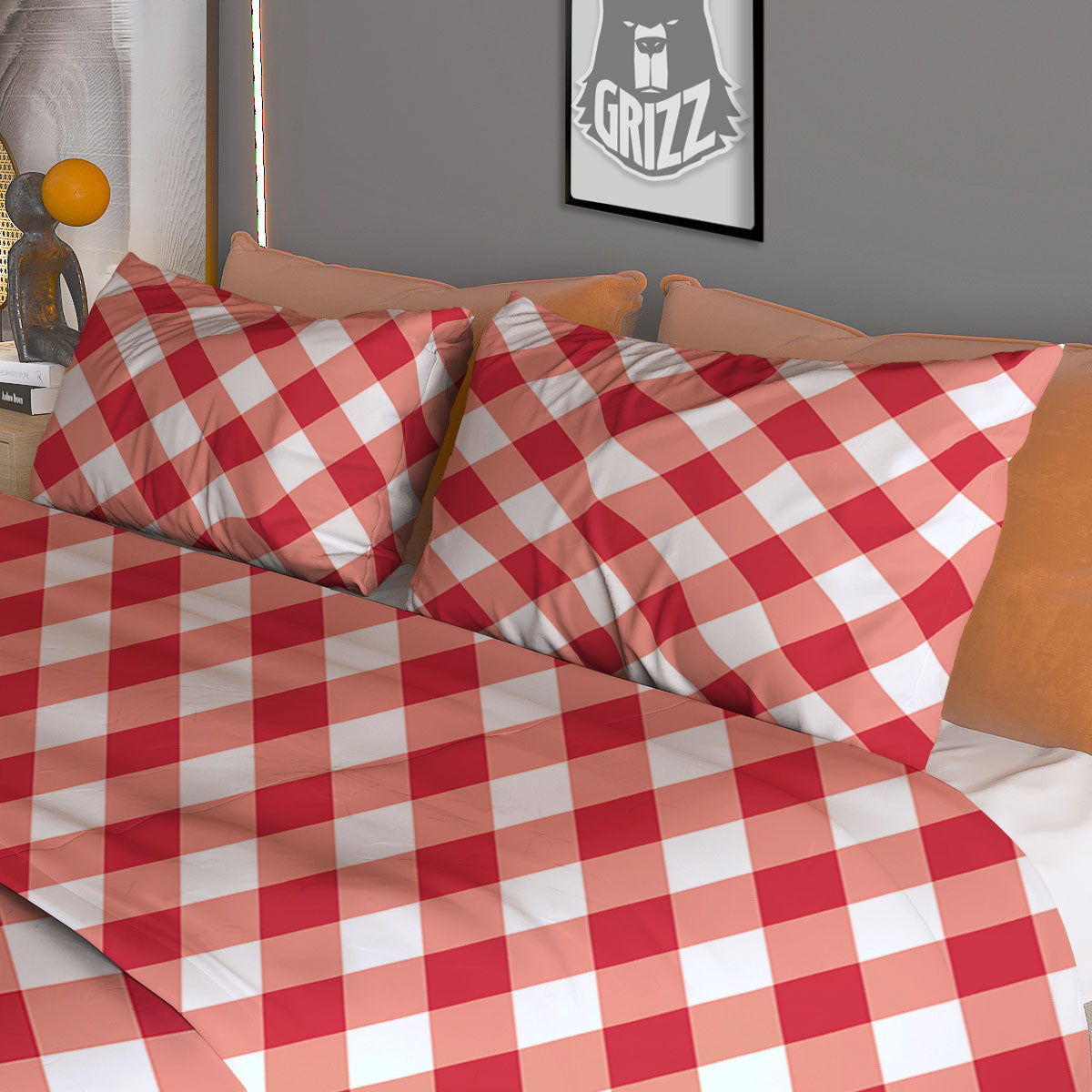 Red Lava And White Gingham Print Duvet Cover Bedding Set