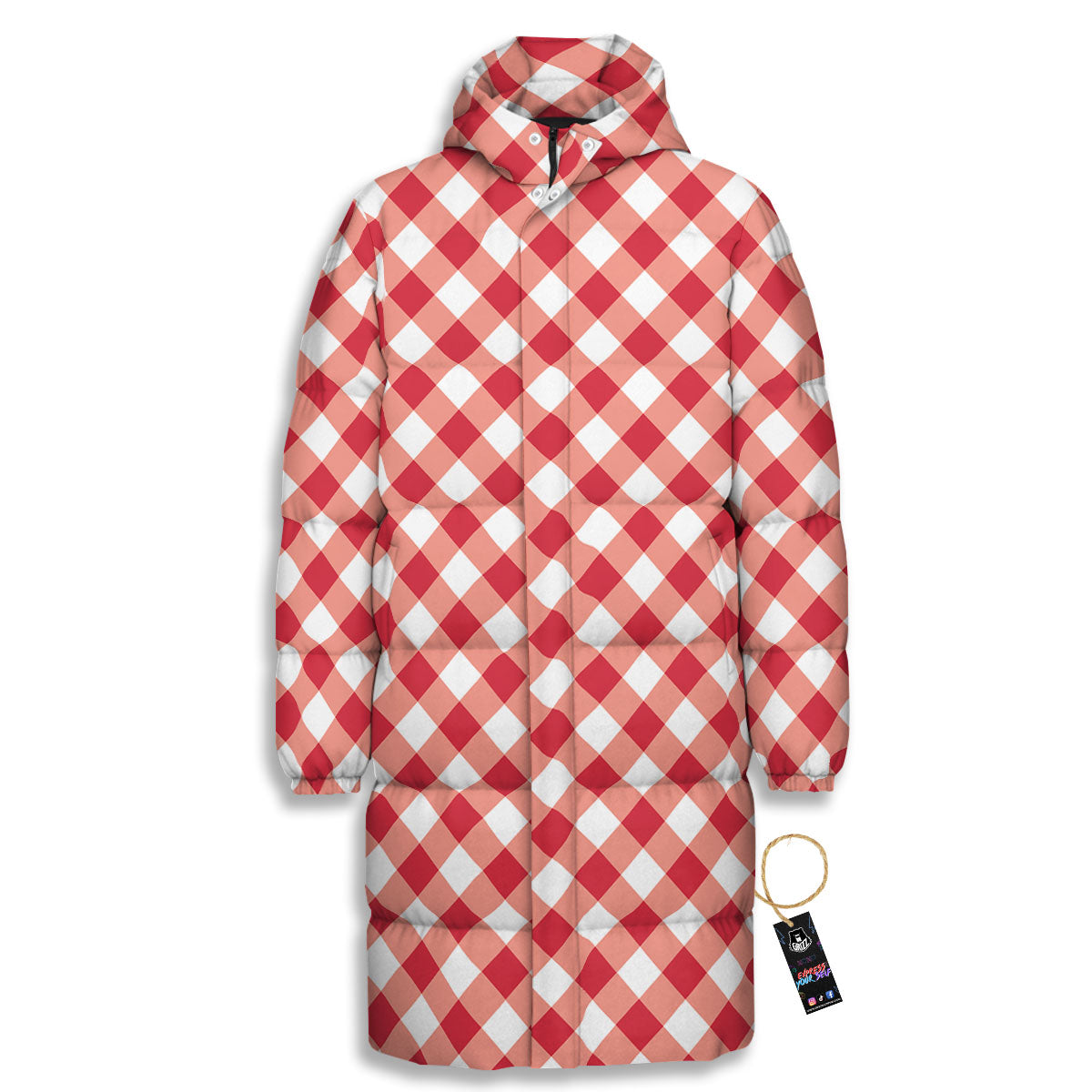 Red Lava And White Gingham Print Long Down Jacket-grizzshop