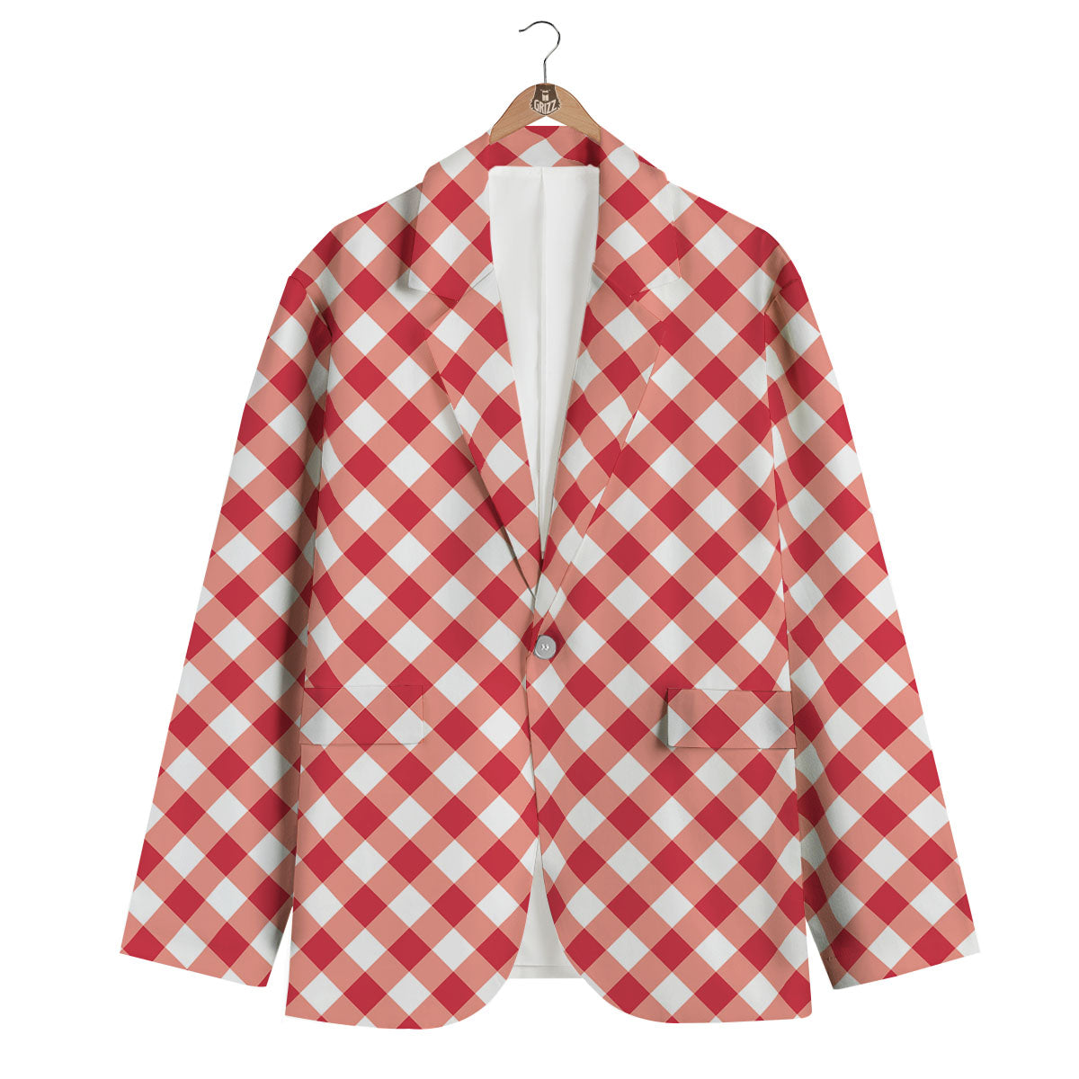 Red Lava And White Gingham Print Men's Blazer-grizzshop