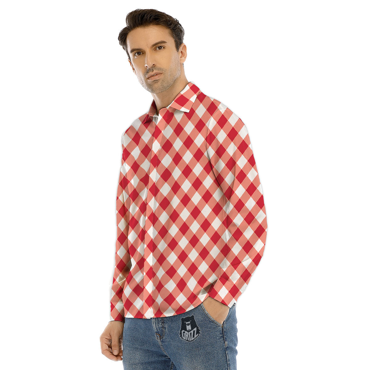 Red Lava And White Gingham Print Men's Dress Shirts-grizzshop