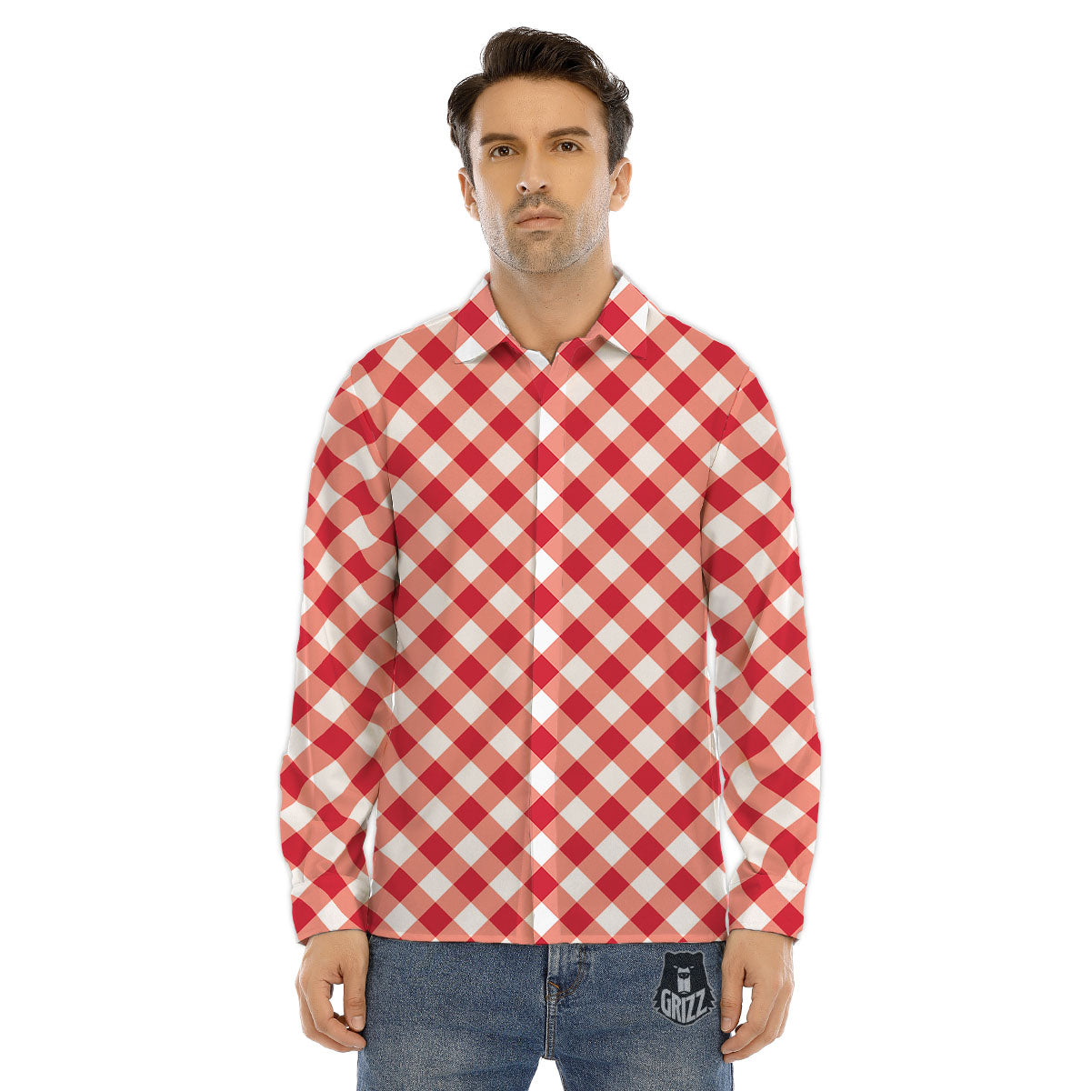 Red Lava And White Gingham Print Men's Dress Shirts-grizzshop