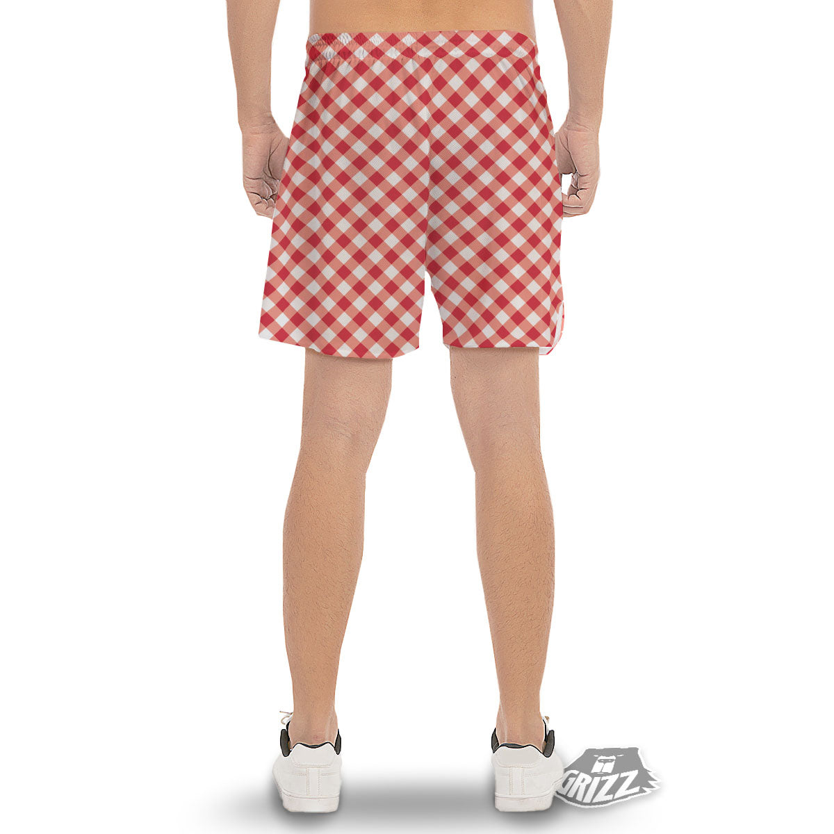 Red Lava And White Gingham Print Men's Gym Shorts-grizzshop