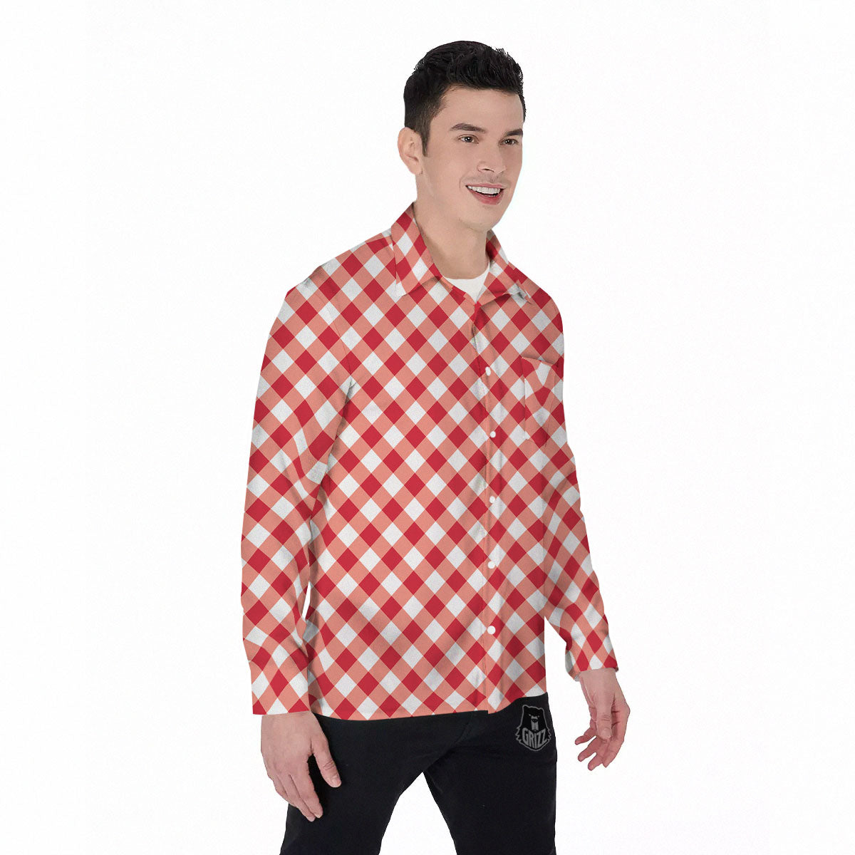 Red Lava And White Gingham Print Men's Long Sleeve Shirts-grizzshop