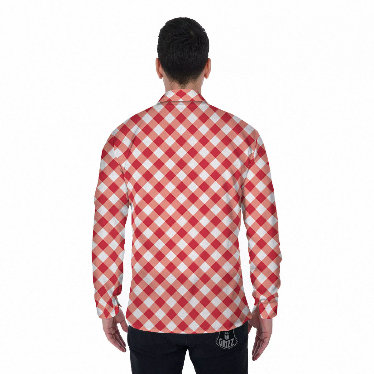 Red Lava And White Gingham Print Men's Long Sleeve Shirts-grizzshop