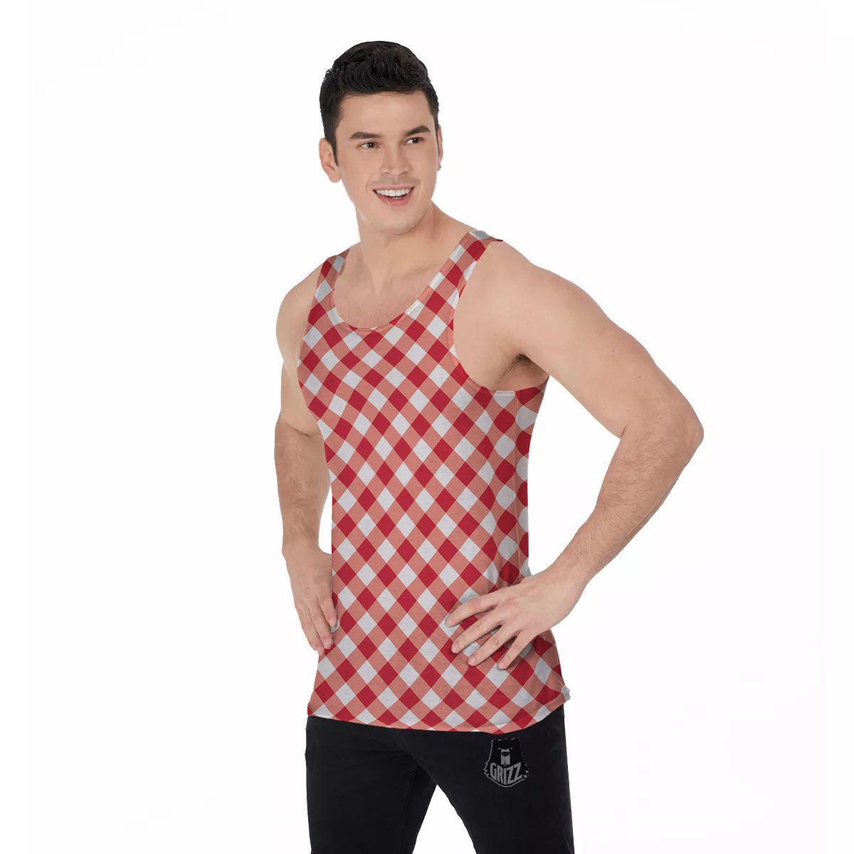 Red Lava And White Gingham Print Men's Tank Top-grizzshop