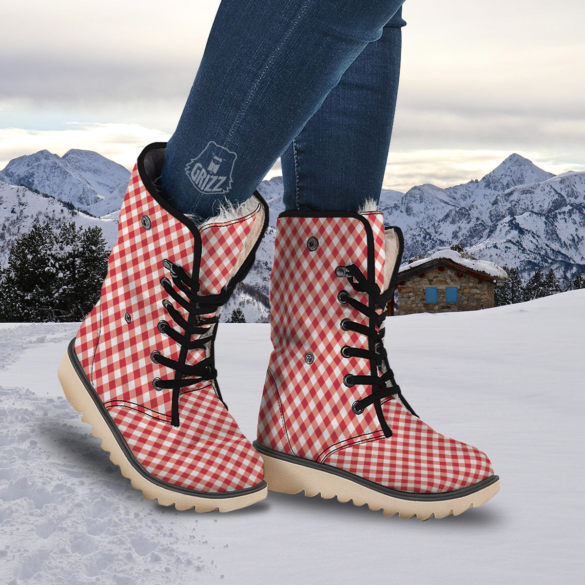 Red Lava And White Gingham Print Snow Boots-grizzshop